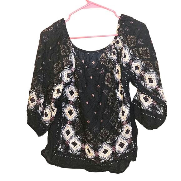 Japna Size Small S Boho Black Abstract Print Top Blouse Flowy Scoop Neck - Picture 1 of 9